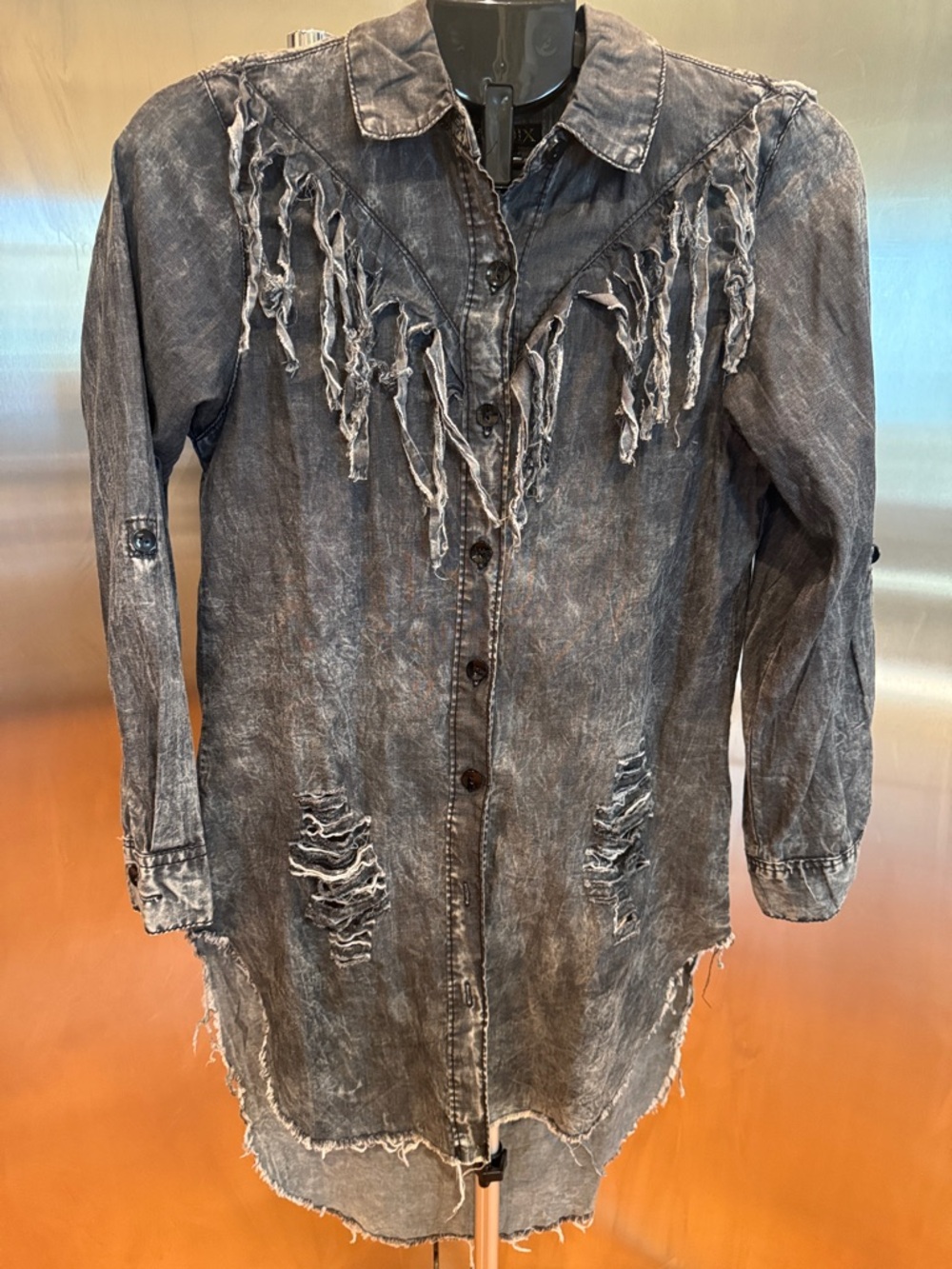 kroix Washed Gray Distressed Fringe Denim Shacket